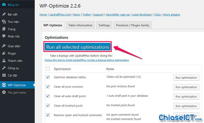wp optimize tối ưu cơ sở dữ liệu